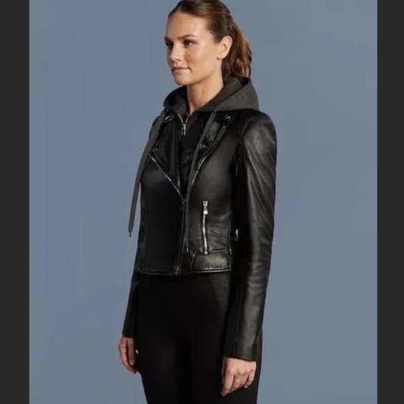 Bod & Christensen Amber Black Leather Moto Jacket w/ Removable Hoodie MSRP $590 - Picture 4 of 16